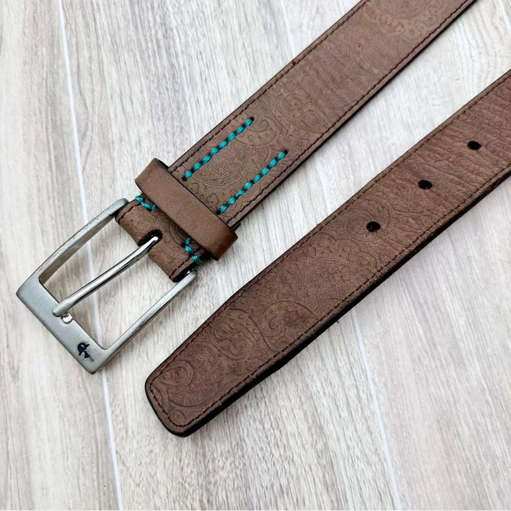 Robert Graham Men’s Brown Paisley Tooled Embossed Teal Stitch Belt | Size 32